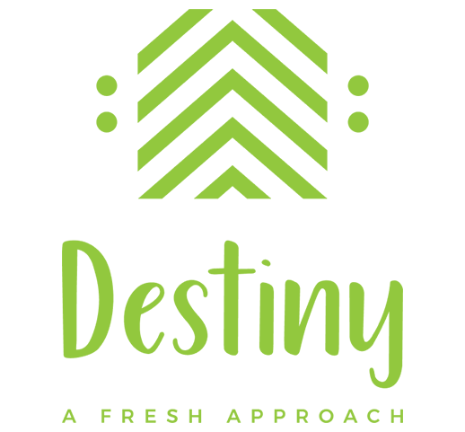 Destiny Cuisine logo in bright green with a fork and knife symbol forming a circular shape.