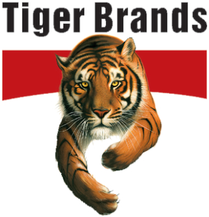 Logo of Tiger Brands with a tiger image above the company name on a red background.